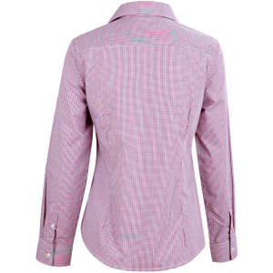 A two-tone mini check long-sleeve shirt in red and white, featuring a button-up design and a logo.