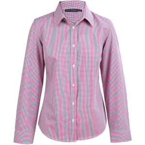 A two-tone mini check women's button-up shirt in red and white, featuring long sleeves and a classic collar.