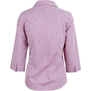A back view of a ladies' two-tone mini check shirt in red and white with 3/4 sleeves and a collar.
