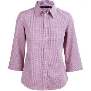 A red and white two-tone mini check button-up shirt with 3/4 sleeves and a collar. It features a logo at the neckline.