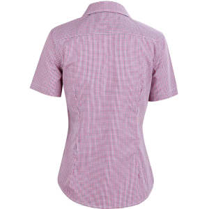 A ladies' short-sleeve button-up shirt featuring a two-tone mini check pattern in red and white, with a logo.