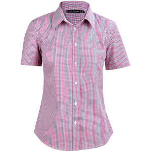 A red and white two-tone mini check short-sleeve button-up shirt with a fitted silhouette and collar.