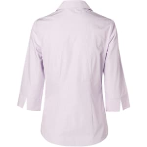 A light purple women's mini check 3/4 sleeve button-up shirt with a collar and a logo.