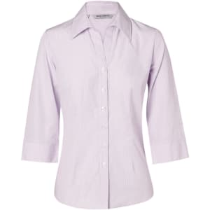 A lavender women's button-up shirt with 3/4 sleeves and a collar, featuring a subtle check pattern and a logo.