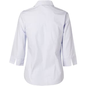 A light blue women's button-up shirt with 3/4 sleeves and an open collar, featuring a back view.