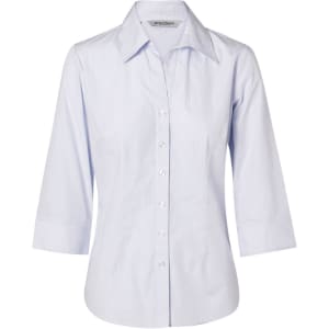 A light blue women's button-up shirt with 3/4 sleeves, featuring a collar and a logo.