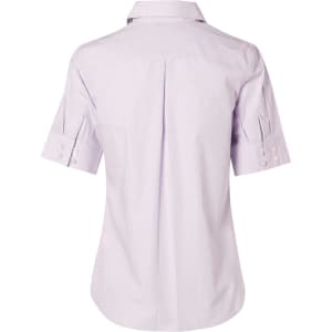 A lavender women's short-sleeve button-up shirt featuring a back pleat and buttoned cuffs. It has a logo on it.