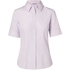 A women's short-sleeved button-up shirt in a light lavender mini check pattern, featuring a collar and a fitted silhouette.