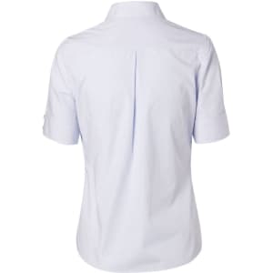 A light blue women's button-up shirt featuring short sleeves and a back pleat, with a logo on the label.