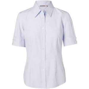 A light blue, short-sleeved women's button-up shirt with a collar and button details on the sleeves, featuring a logo.