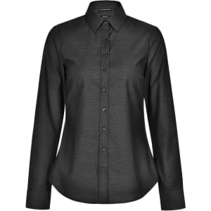 A black pin dot stretch long sleeve shirt with a button-up front and a collar. It features a logo on the label.