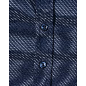 A navy blue button-up shirt with a pin dot pattern and blue buttons. Features a textured fabric design.