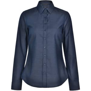 A navy blue long-sleeve button-up shirt with a pin dot pattern and a collared neckline. Features a logo on the label.