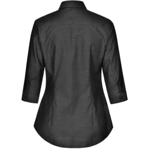 A black ladies' button-up shirt with a pin dot pattern and 3/4 sleeves, featuring a curved hem and a back yoke.