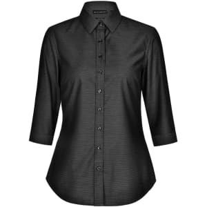 A black ladies' pin dot stretch 3/4 sleeve button-up shirt with a collar and buttons down the front.