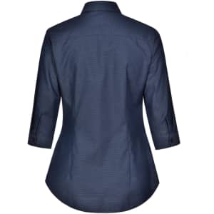 A navy blue ladies' button-up shirt with a pin dot pattern and 3/4 sleeves, featuring a collar and back yoke.