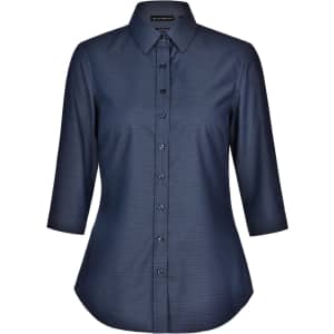 A dark blue ladies' pin dot button-up shirt with 3/4 sleeves and a collar, featuring a logo.