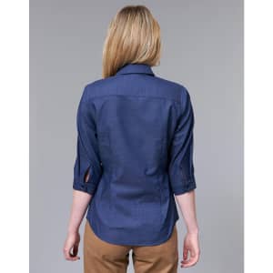 A navy blue ladies' button-up shirt with 3/4 sleeves and a textured pattern. Features a logo on the back.