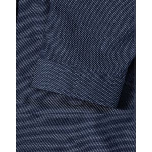 A navy blue button-up shirt featuring a pin dot pattern and 3/4 sleeves, with a folded cuff detail.