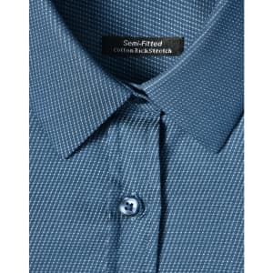 A semi-fitted, cotton-rich stretch shirt in blue featuring a pin dot pattern and button-up collar.