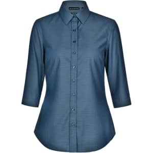 A blue ladies' button-up shirt featuring a pin dot design and 3/4 sleeves, with a collar and a logo.