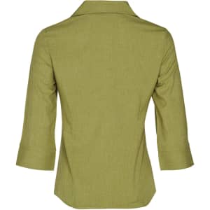 A green women's Cooldry 3/4 sleeve shirt with a back collar and rolled sleeves. It features a logo on the fabric.