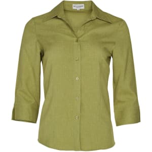 A women's green 3/4 sleeve shirt with a button-up front and a collar, featuring a logo on the label.