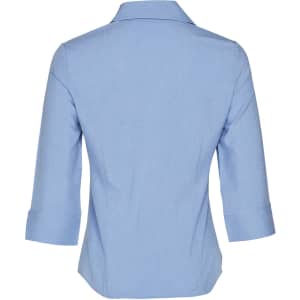 A light blue women's 3/4 sleeve shirt featuring a collared neckline and a back view design. It has a logo.