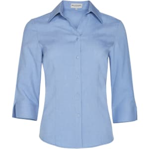 A light blue women's 3/4 sleeve shirt with a collared neckline and buttons, featuring a logo on the label.