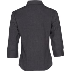 A dark grey women's 3/4 sleeve shirt with a collared neckline and a logo on the back.