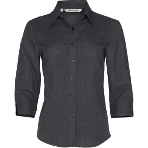 A dark grey women's 3/4 sleeve shirt with a collared neck and button front, featuring a logo on the label.