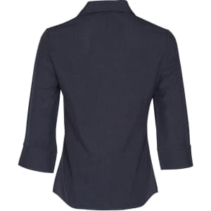 A dark navy women's 3/4 sleeve shirt featuring a collared design and rolled sleeves, with a logo on the back.