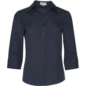 A dark navy women's 3/4 sleeve shirt with a collared neck and button front, featuring a logo on the label.
