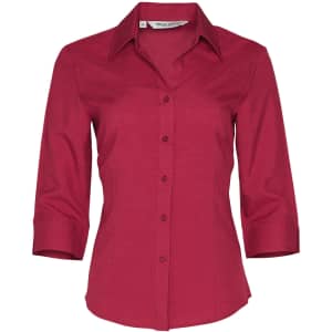 A red 3/4 sleeve shirt with a collar and buttons, featuring a logo on the label.