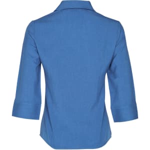 A blue women's Cooldry 3/4 sleeve shirt featuring a collar and rolled cuffs, with a logo on the back.