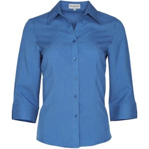 A blue women's 3/4 sleeve shirt with a collar and button-up front, featuring a logo on the chest.
