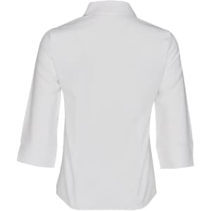 A white women's Cooldry 3/4 sleeve shirt with a collar and a plain design, featuring a branding logo.