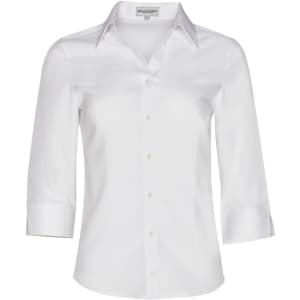 A white women's Cooldry 3/4 sleeve shirt with a collar and buttons, featuring a logo.