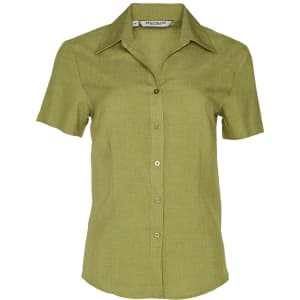 A short-sleeved, collared women's shirt in a light green shade. It features a button-down front and has a logo.