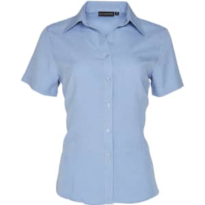 A blue short sleeve women's shirt with a collar and button-down front, featuring a logo.