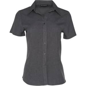 A grey short sleeve shirt with a collar, featuring a button front and a branded logo at the neck.