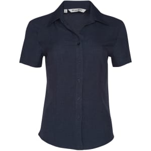 A navy short sleeve women's shirt with a collared neckline and button-up front, featuring a branding logo.