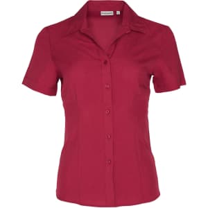 A red short sleeve shirt with a collar, featuring a button-down front and a logo on the label.