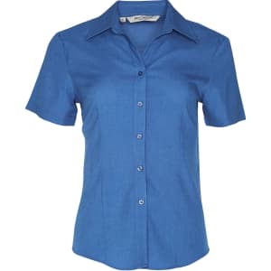 A short-sleeved women's shirt in a blue fabric with a collared design and buttons down the front. Features a logo.