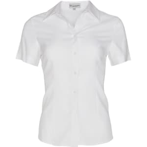 A white short sleeve shirt with a button-up front and a collar, featuring a logo on the fabric.