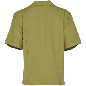 A short sleeve overblouse in olive green, featuring a collared neckline and a logo on the back.