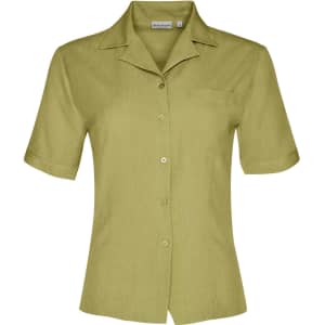 A short sleeve overblouse in a light green colour, featuring a collar and a front pocket.