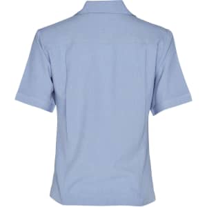 A light blue short sleeve overblouse featuring a collared neckline and a logo. Suitable for uniforms and tunics.