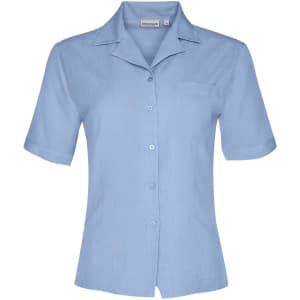 A light blue short sleeve overblouse with a collar and one chest pocket, featuring a logo.