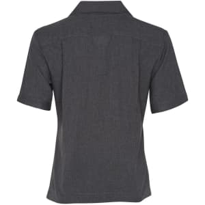 A charcoal grey women's short sleeve overblouse with a collar and a streamlined back design.
